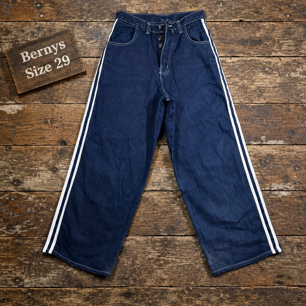 Bernys Flying B Jeans Kids Size 29 Dark Wash Wide Leg Side Stripe Baggy Denim